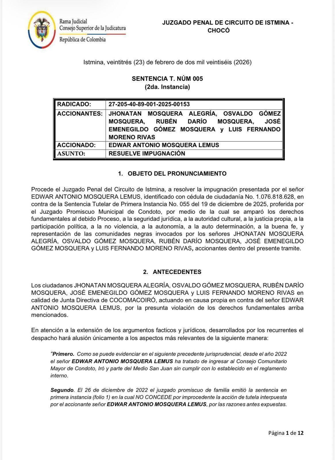 SENTENCIA DE SEGUNDA INSTANCIA REVOCA TUTELA CONTRA EDWAR ANTONIO MOSQUERA LEMUS: TUTELA NO ES VÍA ADECUADA PARA CONTROVERTIR ELECCIONES